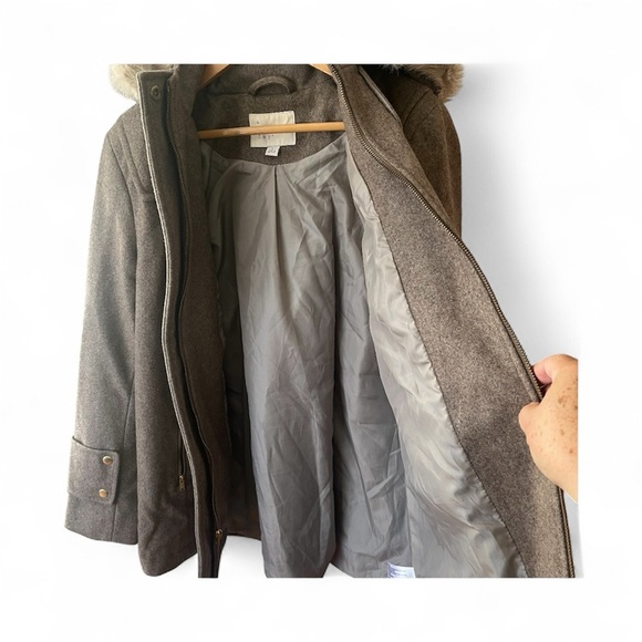 a new day Taupe Women's Wool Coat with a faux fur collar hood. - Picture 3 of 7